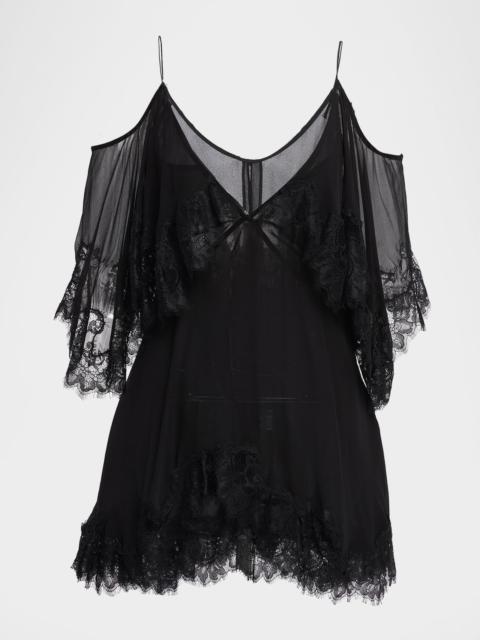 LoveShackFancy Selune Silk Lace-Trimmed Mini Dress