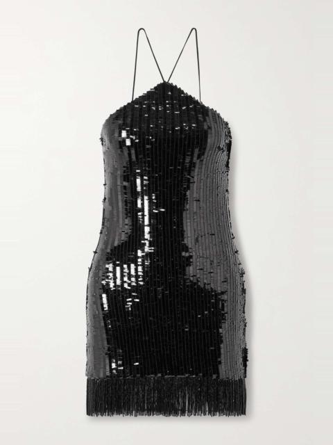 Taller Marmo Pat fringed sequined tulle halterneck mini dress