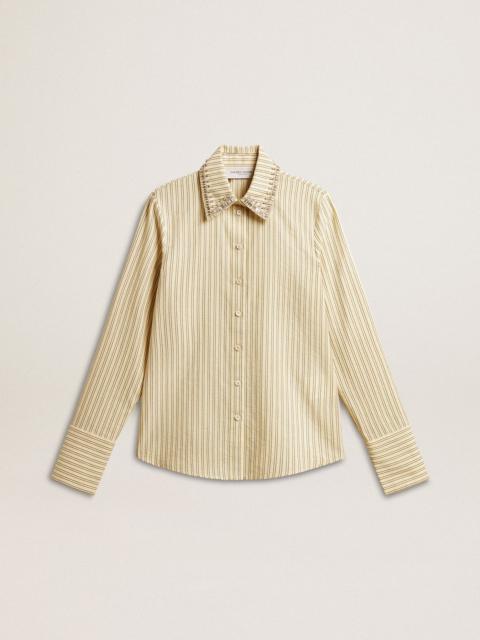 Ecru shirt with stripes and embroidered crystals