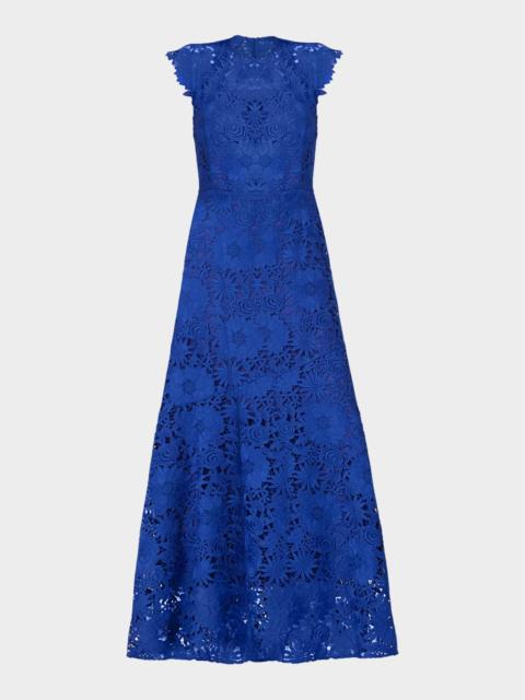 Shoshanna Raven Cap-Sleeve Floral Lace Gown