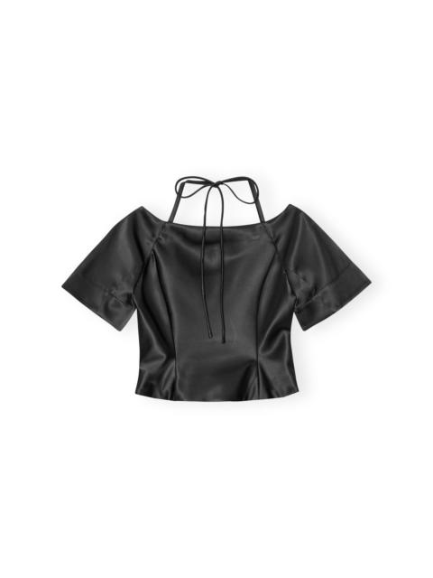 BLACK DOUBLE SATIN FITTED OPEN-NECK BLOUSE