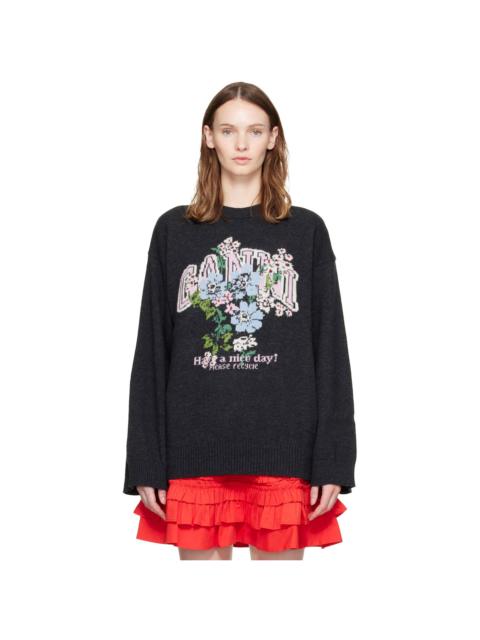 GANNI Black Wool Flowers Oversized Sweater