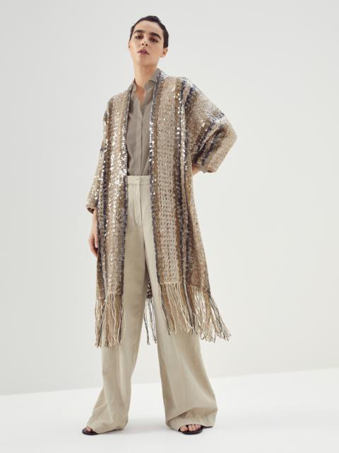 Dazzling Stripe Embroidery long cardigan in jute and cotton