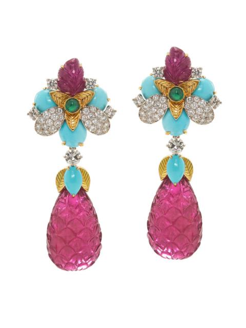 DAVID WEBB Diamond Turquoise Ruby Blossom Earrings