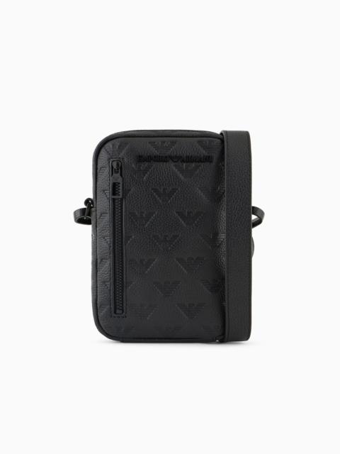 EMPORIO ARMANI Leather tech case with shoulder strap with all-over embossed eagle