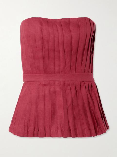 ANDRES OTALORA Encantadora strapless belted pleated linen top Burgundy