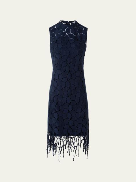 AKRIS Broken Stone Guipure Sleeveless Fringed Dress