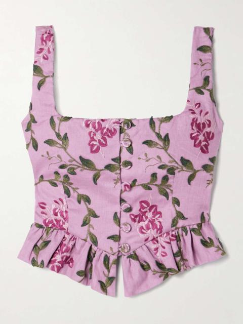 Agua by Agua Bendita Eslabón Wisteria cropped ruffled embroidered linen top Pink