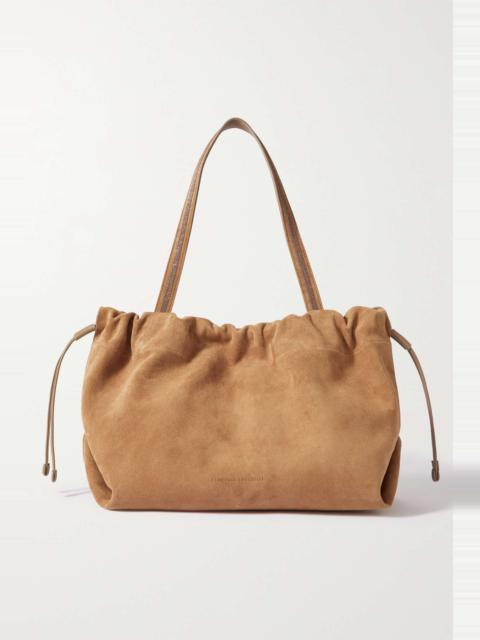 Leather-trimmed bead-embellished suede tote