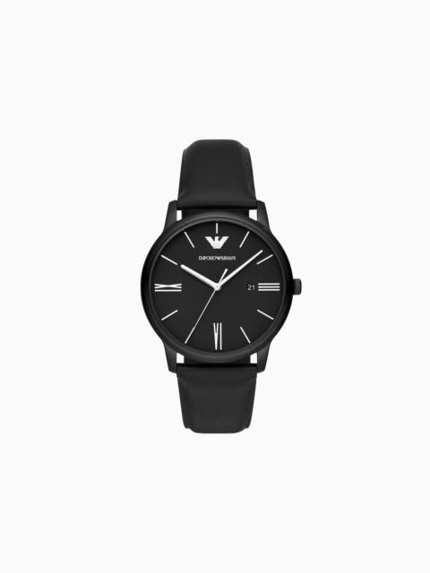 EMPORIO ARMANI Three-Hand Date Black Leather Watch