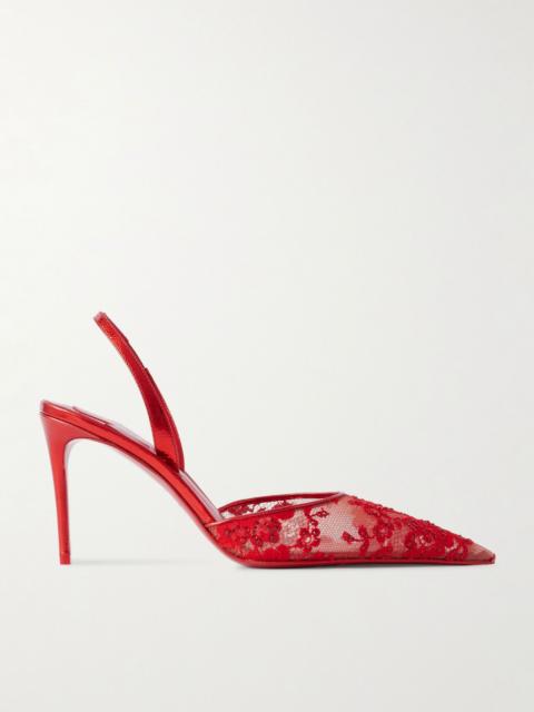 Christian Louboutin Kate Max metallic leather-trimmed crystal-embellished lace slingback sandals Red