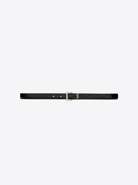 monogram thin belt with square buckle in shiny crocodile-embossed leather