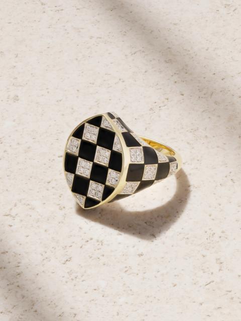 Yvonne Léon Chevalière Marquise Damier 9-karat Gold, Diamond And Enamel Ring