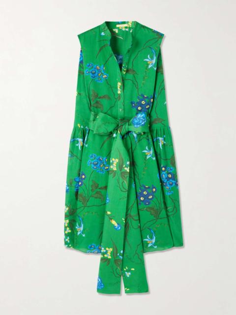 Belted floral-print cotton and linen-blend dress