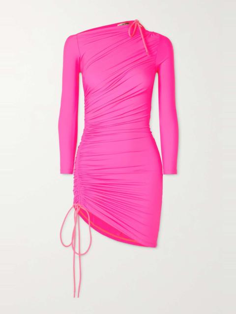 BALENCIAGA Asymmetric ruched neon stretch-jersey mini dress