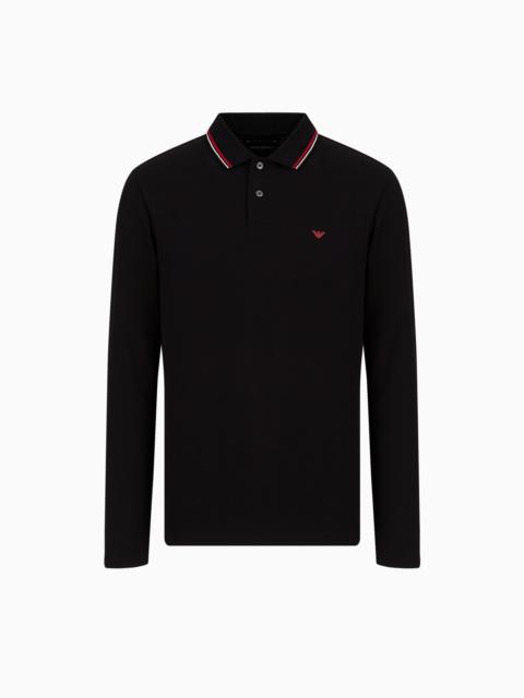 EMPORIO ARMANI Long-sleeved stretch piqué polo shirt with micro eagle embroidery