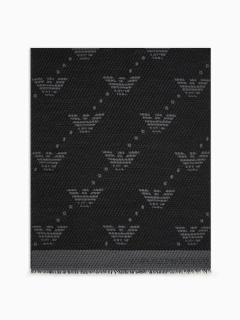 EMPORIO ARMANI Wool-blend scarf with raised armure and all-over eagles