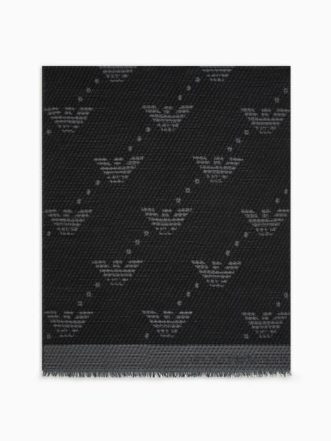 EMPORIO ARMANI Wool-blend scarf with raised armure and all-over eagles