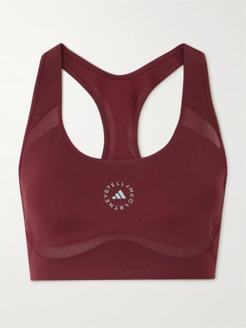 adidas TruePurpose mesh-trimmed printed stretch recycled sports bra Burgundy