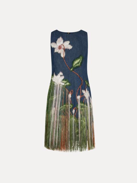 Oscar de la Renta CHINÉ CYCLAMEN THREADWORK FRINGE SHIFT DRESS