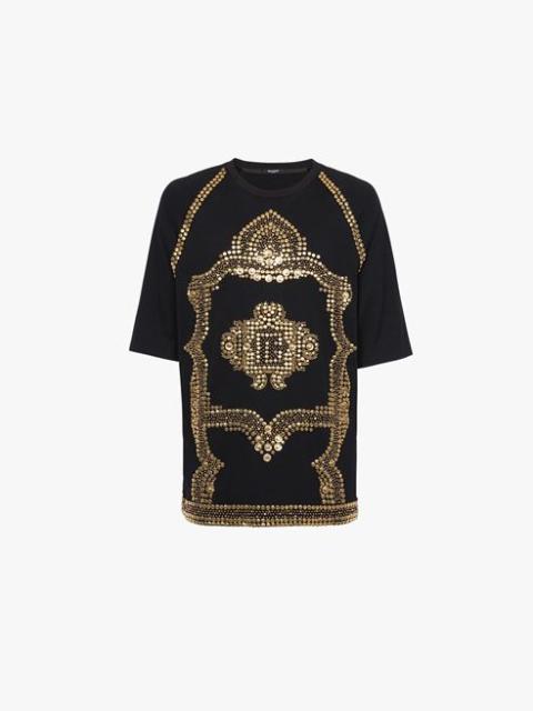 Oversized black cotton T-shirt with gold-tone studded embroidery