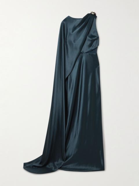 SALONI Phoenix cape-effect crystal-embellished draped satin gown Navy