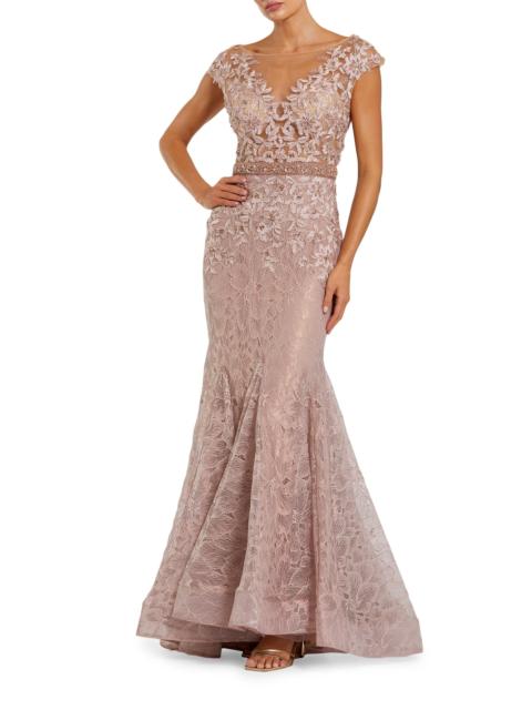MAC DUGGAL Women's Illusion Beaded Mermaid Gown - Mocha