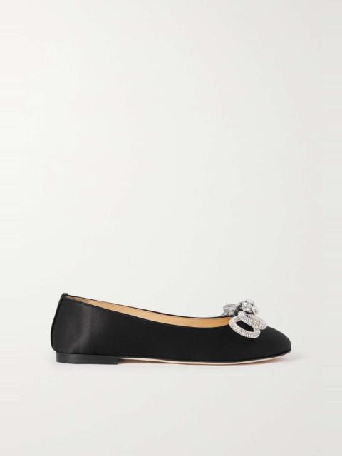 MACH & MACH Double Bow Glitter crystal-embellished satin ballet flats
