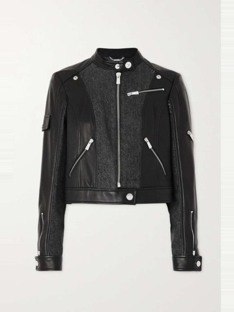 VERSACE Cropped paneled leather and denim biker jacket