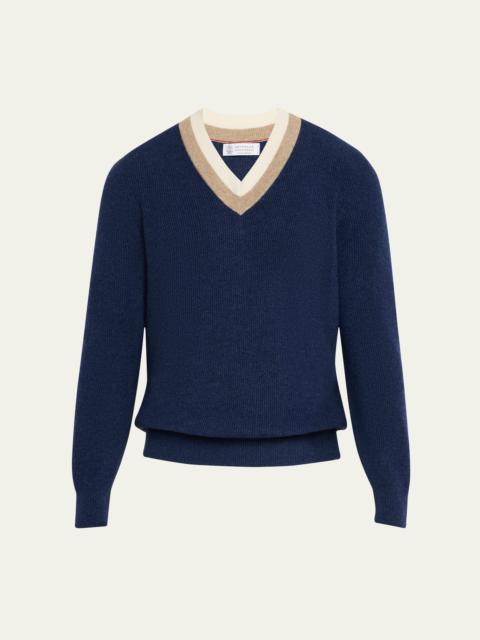 Brunello Cucinelli Men's Cashmere Double Varsity Stripe V-Neck Sweater
