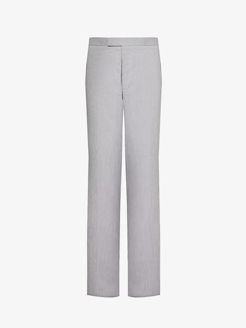 Striped brand-tab wide-leg low-rise cotton-seersucker trousers