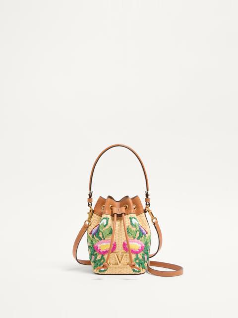 Valentino VLOGO SIGNATURE MINI BUCKET BAG IN RAFFIA WITH FLORAL EMBROIDERY