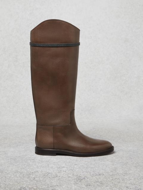 Brunello Cucinelli Riding calfskin high boots with shiny bands