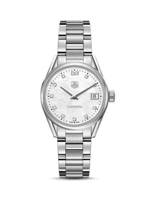 Carrera Stainless Steel and White Mother of Pearl Diamond Dial Watch, 32mm