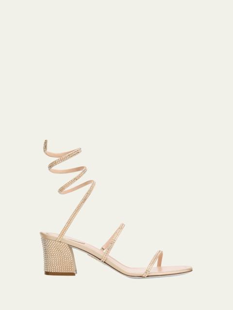 RENE CAOVILLA Snake Ankle-Wrap Strass Satin Block-Heel Sandals
