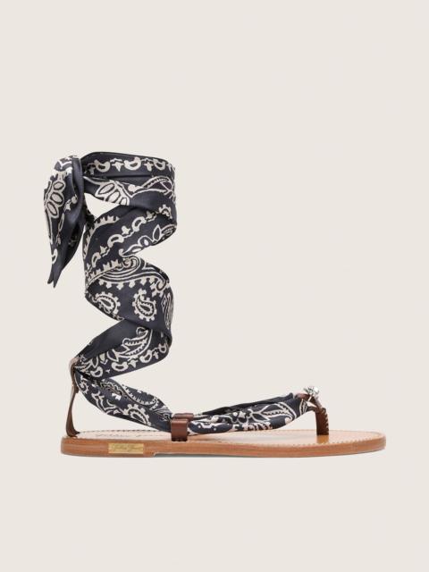 Golden Goose Women’s flat sandals with dark blue paisley pattern and jewel detail
