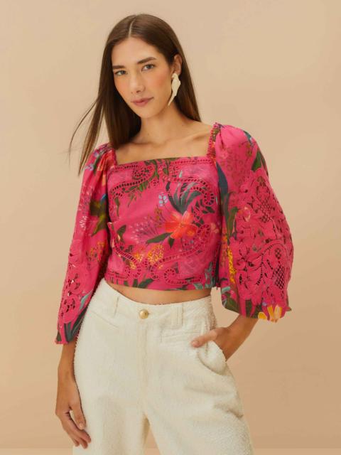 FARM RIO Pink Leopard Flowers Lace Blouse