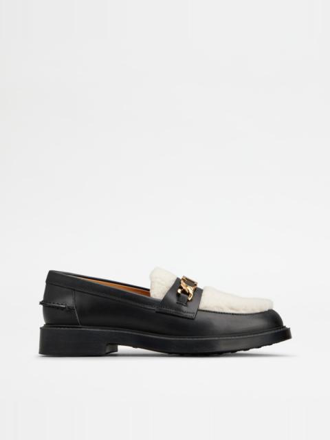 Tod's LOAFERS IN LEATHER AND SHEEPSKIN - BLACK, OFF WHITE