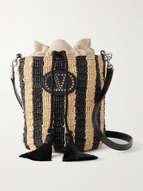 Valentino Embellished Striped Leather-trimmed Raffia Bucket Bag