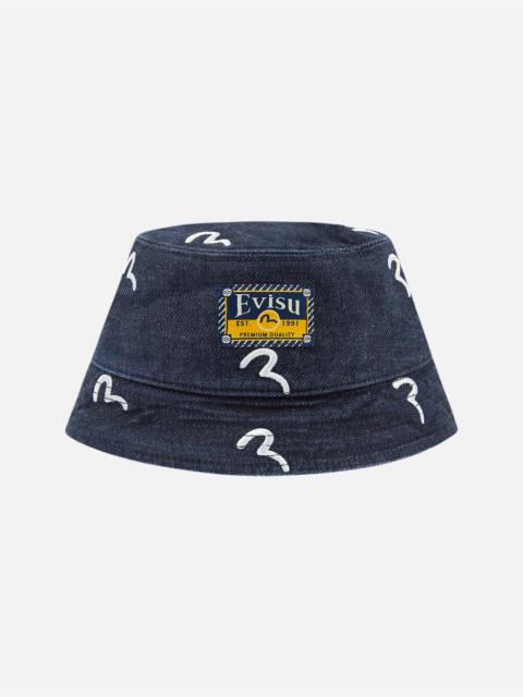 EVISU ALLOVER SEAGULL EMBROIDERY DENIM BUCKET HAT