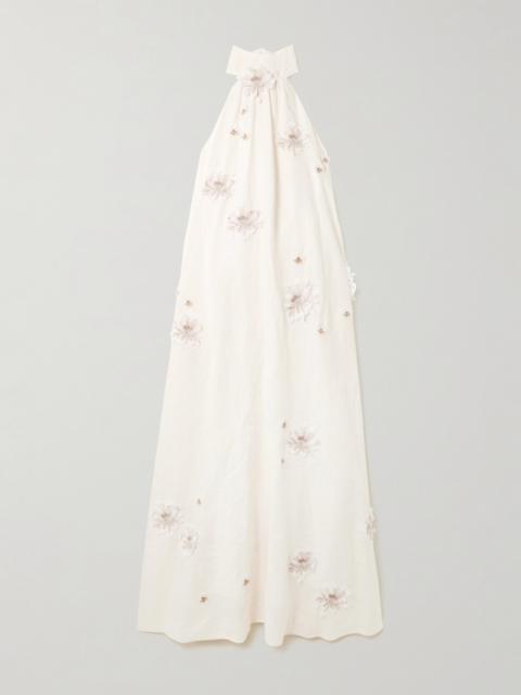 Agua by Agua Bendita Lima Embellished Appliquéd Linen Halterneck Maxi Dress