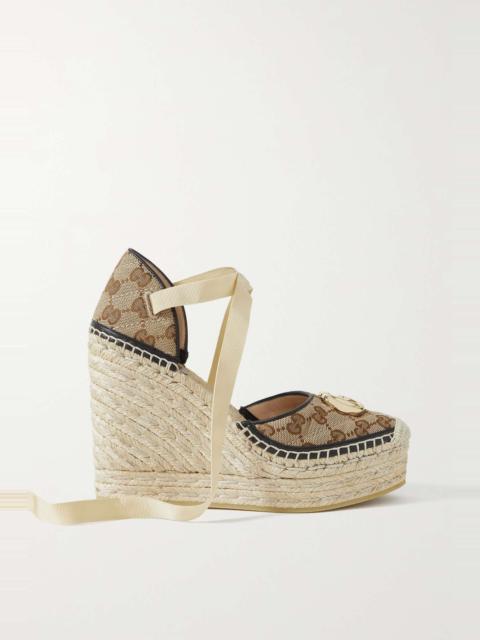 GUCCI Pilar leather-trimmed embellished canvas-jacquard wedge espadrilles