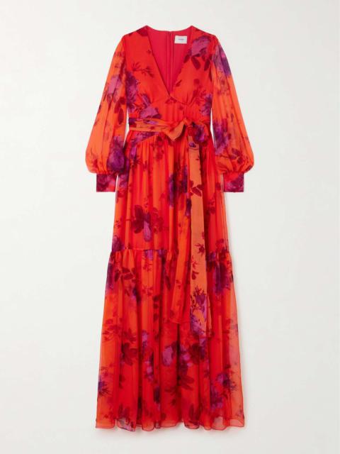 Belted floral-print tiered silk-chiffon maxi dress