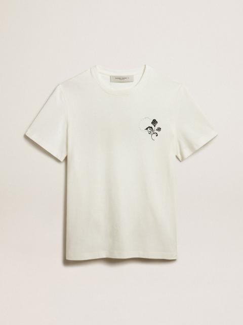 Golden Goose White cotton T-shirt with flower print on the front
