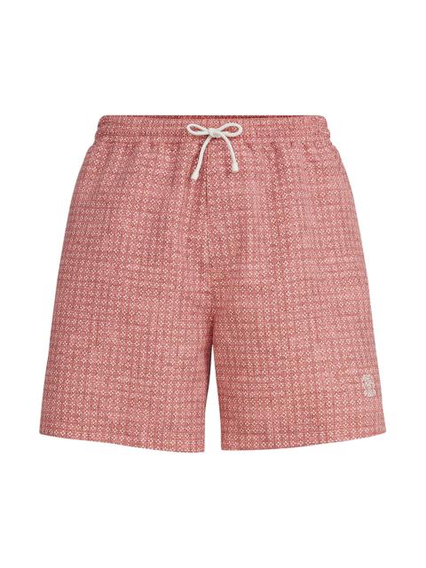 Brunello Cucinelli Men's Flower Print Nylon Swim Shorts - Apricot