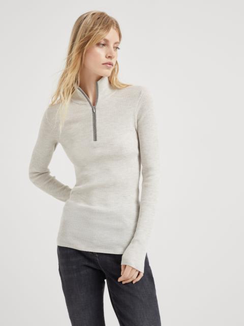 Virgin wool and cashmere rib knit lightweight sweater with precious half zip