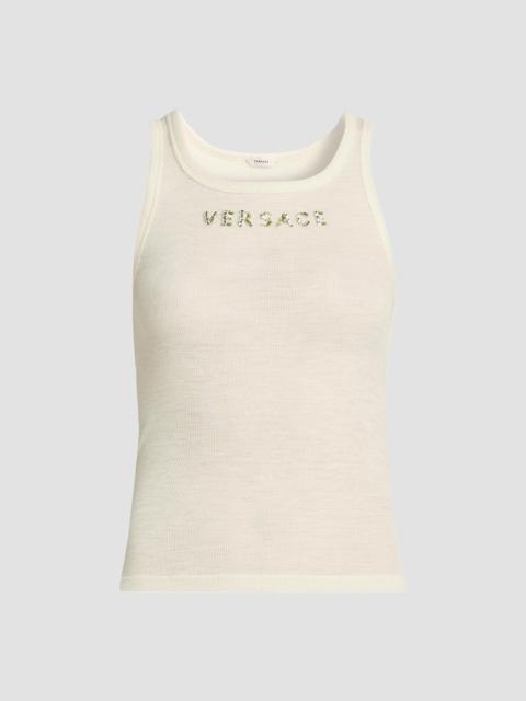 VERSACE Women's La Vacanza Crystal Logo Rib-Knit Tank - Cream