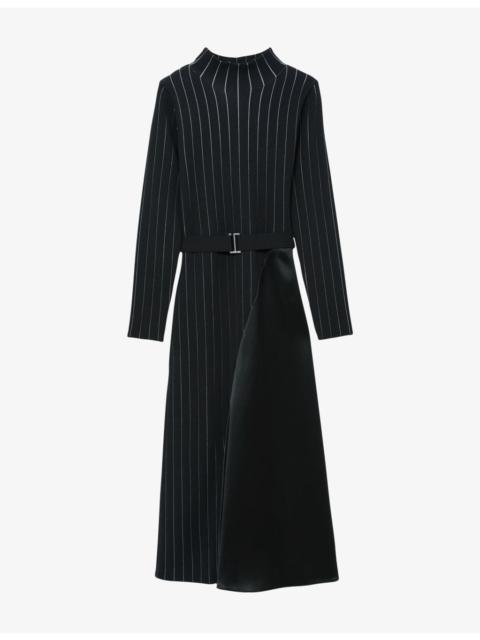 REISS Mia Pinstripe Belted-Waist Knitted Midi Dress