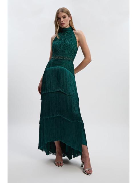 KAREN MILLEN Fringed Beaded Halter Neck Woven Maxi Dress