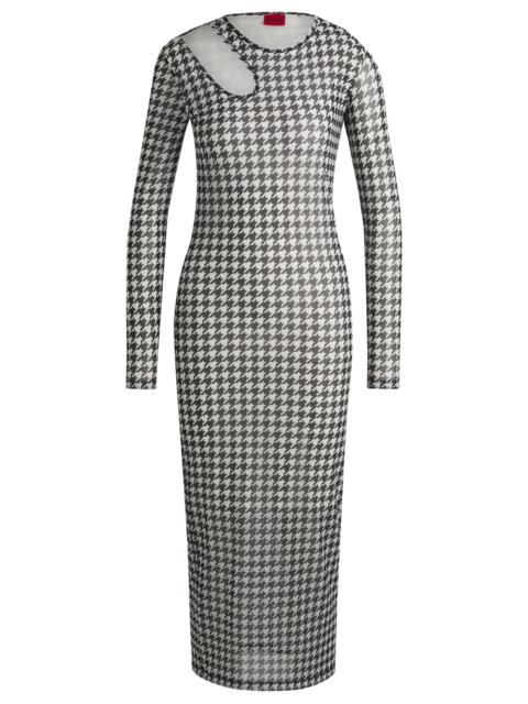 HUGO HOUNDSTOOTH MESH MIDI DRESS WITH CUT-OUT NECKLINE